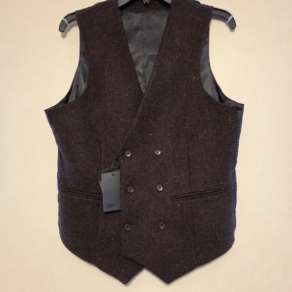 ASOS Harris Tweed Wool Vest 38R Brown Geometric Lining NWT - Picture 2 of 14